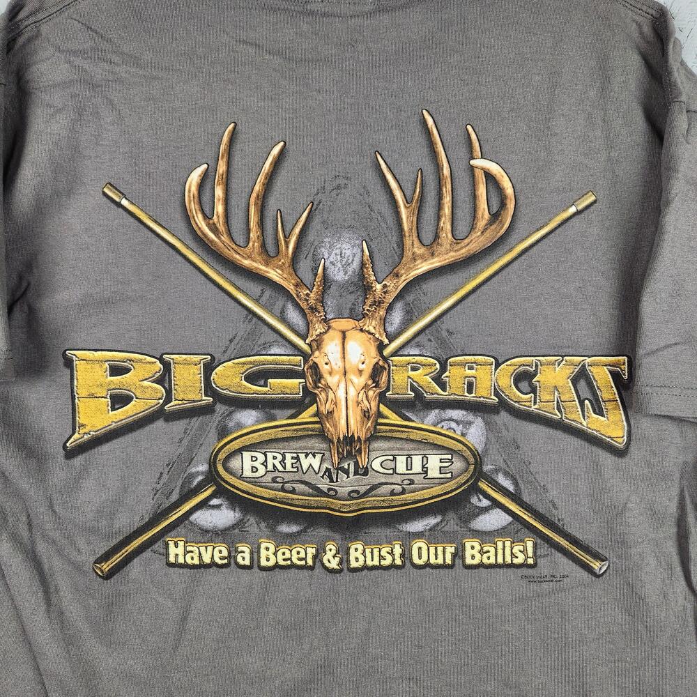 Vintage Big Racks Brew N Cue Shirt Mens Large Gray Beer Deer Hunting Skull Y2K